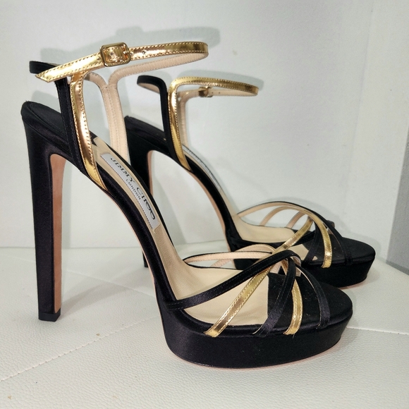 JIMMY CHOO GORGEOUS BLACK SATIN & GOLD ANKLE STRAP SANDALS 40.5 - Picture 11 of 16
